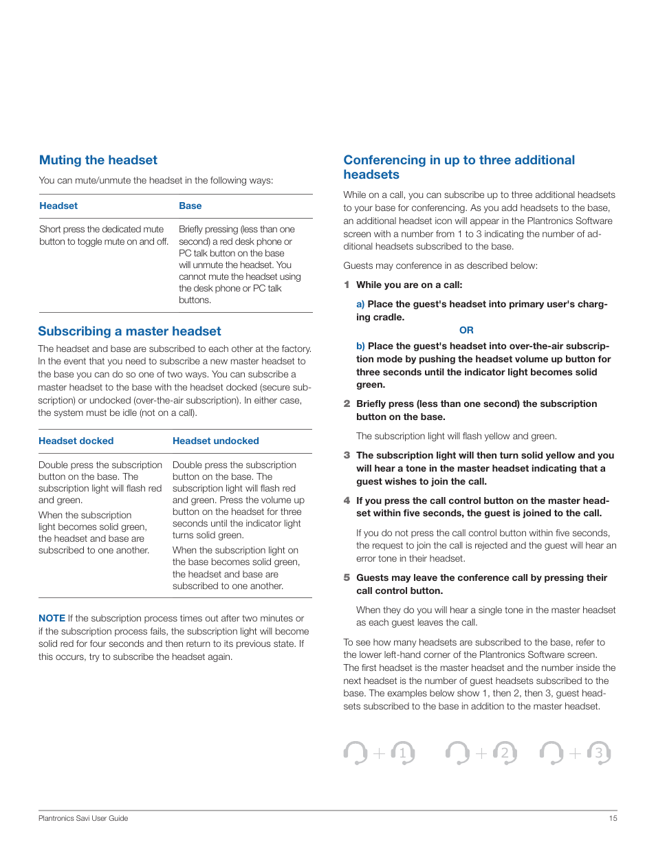 Conferencing in up to three additional headsets, Subscribing a master headset, Muting the headset | Plantronics Savi Office WO350 User Manual | Page 15 / 25
