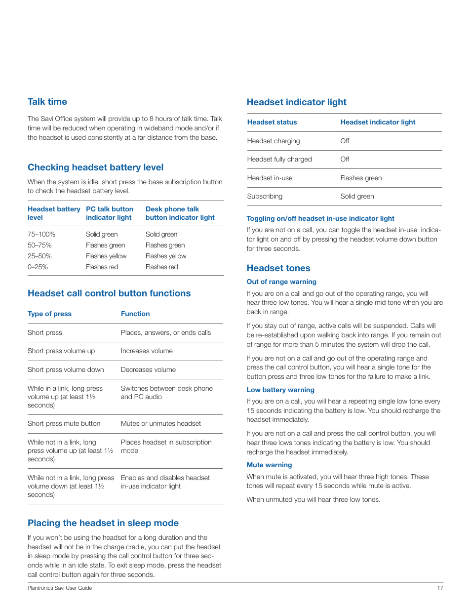Headset indicator light, Headset tones, Headset call control button functions talk time | Placing the headset in sleep mode, Checking headset battery level | Plantronics Savi Office WO350 User Manual | Page 17 / 25