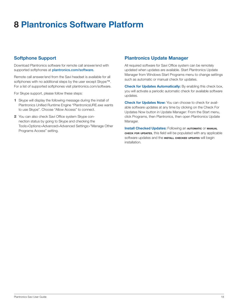 8plantronics software platform, Softphone support, Plantronics update manager | Plantronics Savi Office WO350 User Manual | Page 18 / 25
