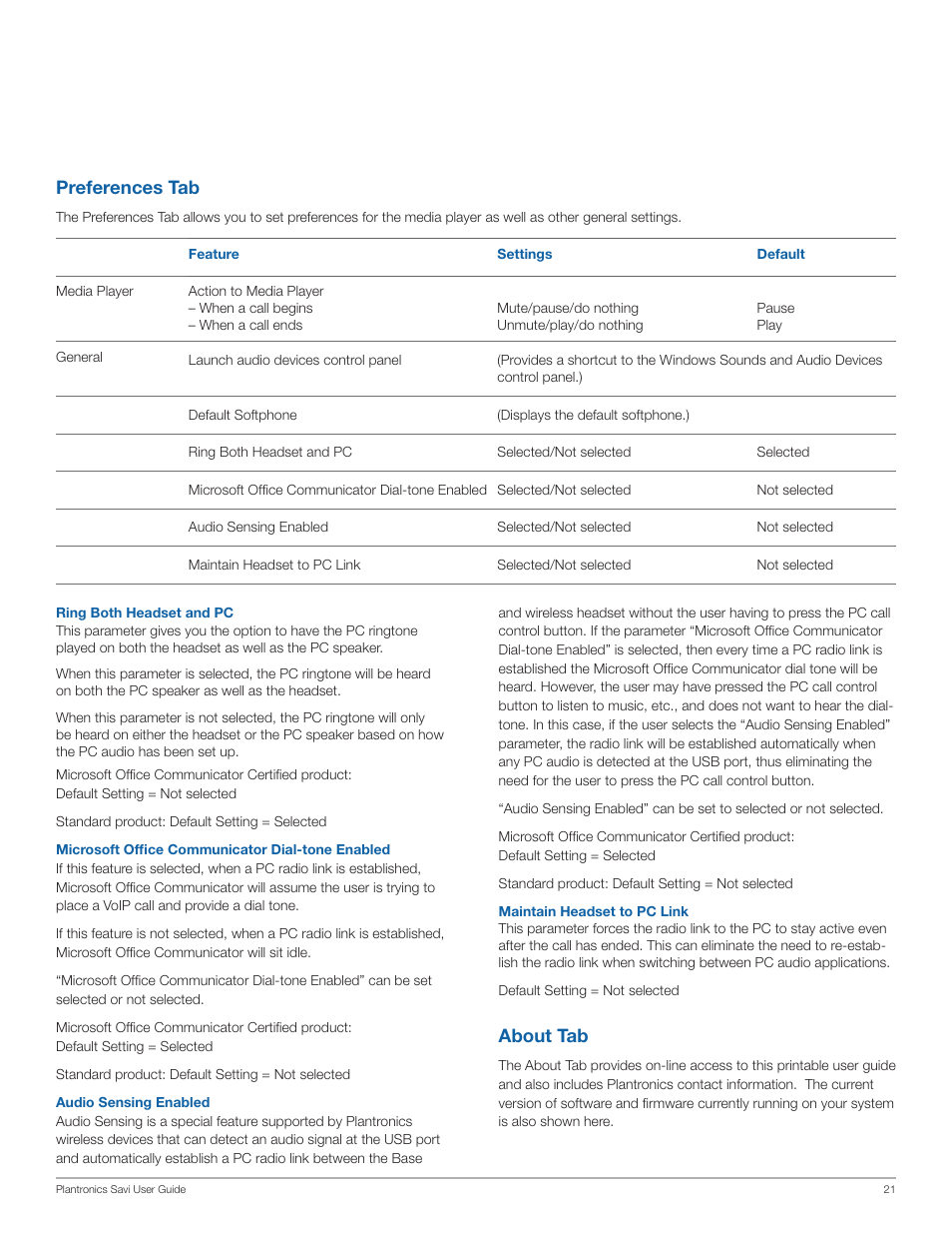 Preferences tab, About tab | Plantronics Savi Office WO350 User Manual | Page 21 / 25
