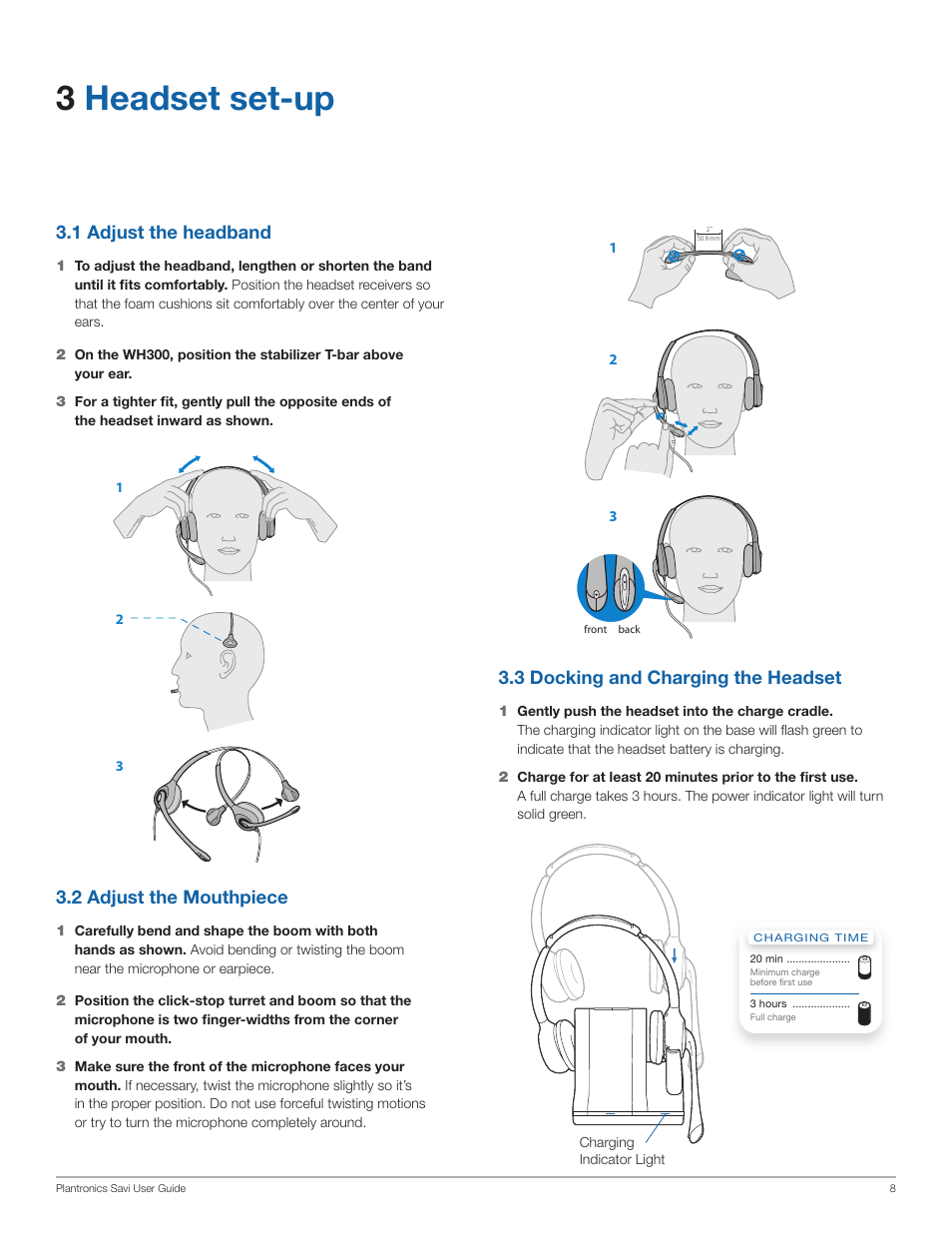 3headset set-up, 1 adjust the headband, 3 docking and charging the headset | 2 adjust the mouthpiece | Plantronics Savi Office WO350 User Manual | Page 8 / 25