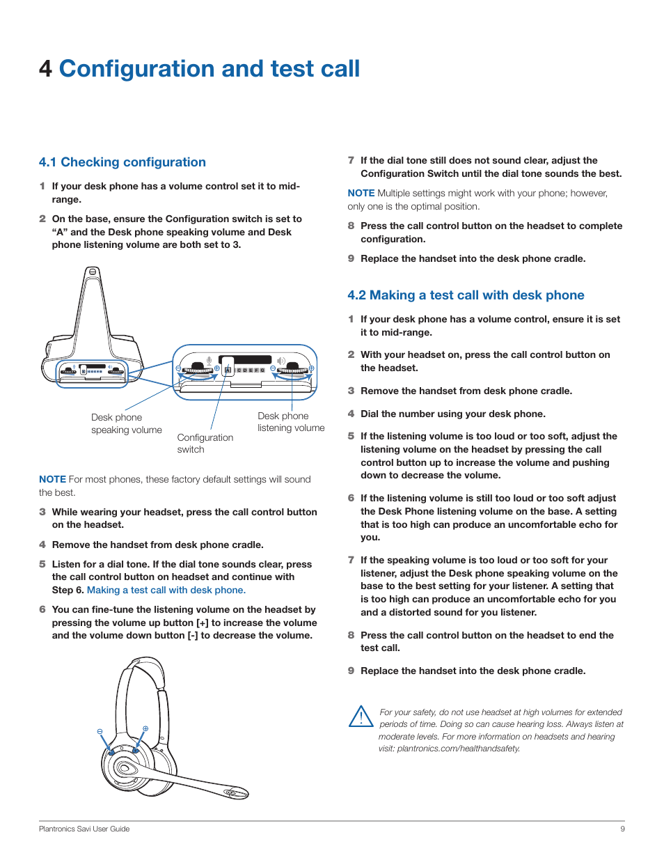 4configuration and test call, 2 making a test call with desk phone, 1 checking configuration | Plantronics Savi Office WO350 User Manual | Page 9 / 25