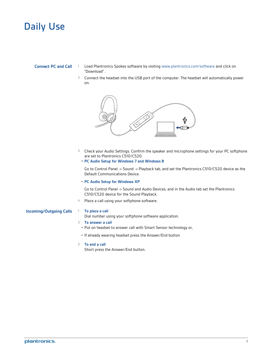 Daily use, Connect pc and call, Incoming/outgoing calls | Plantronics Blackwire C520 User Manual | Page 7 / 14