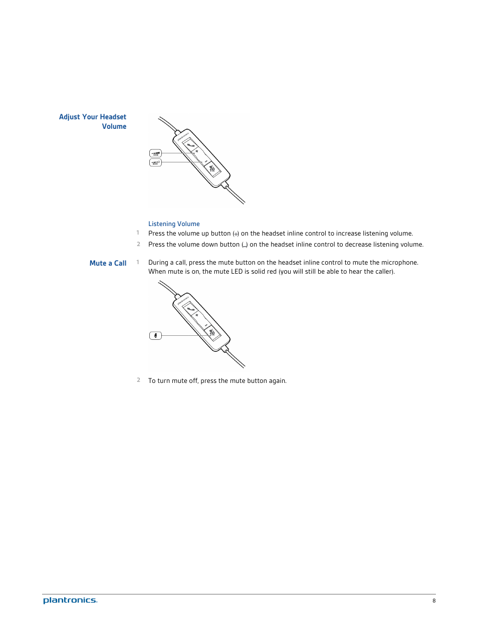 Adjust your headset volume, Listening volume, Mute a call | Plantronics Blackwire C520 User Manual | Page 8 / 14