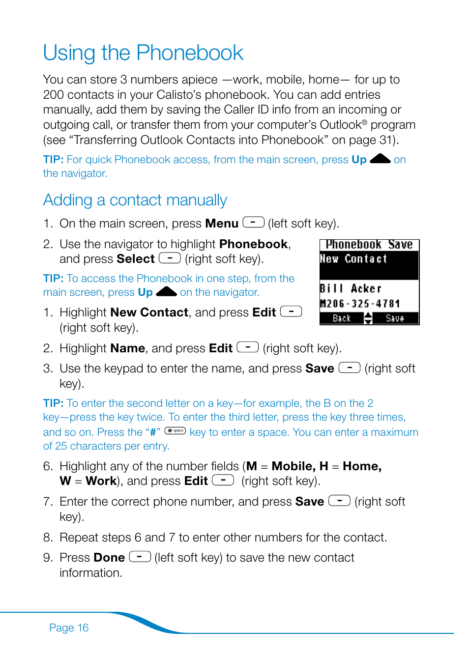 Using the phonebook, Adding a contact manually | Plantronics Calisto Pro Series User Manual | Page 22 / 60