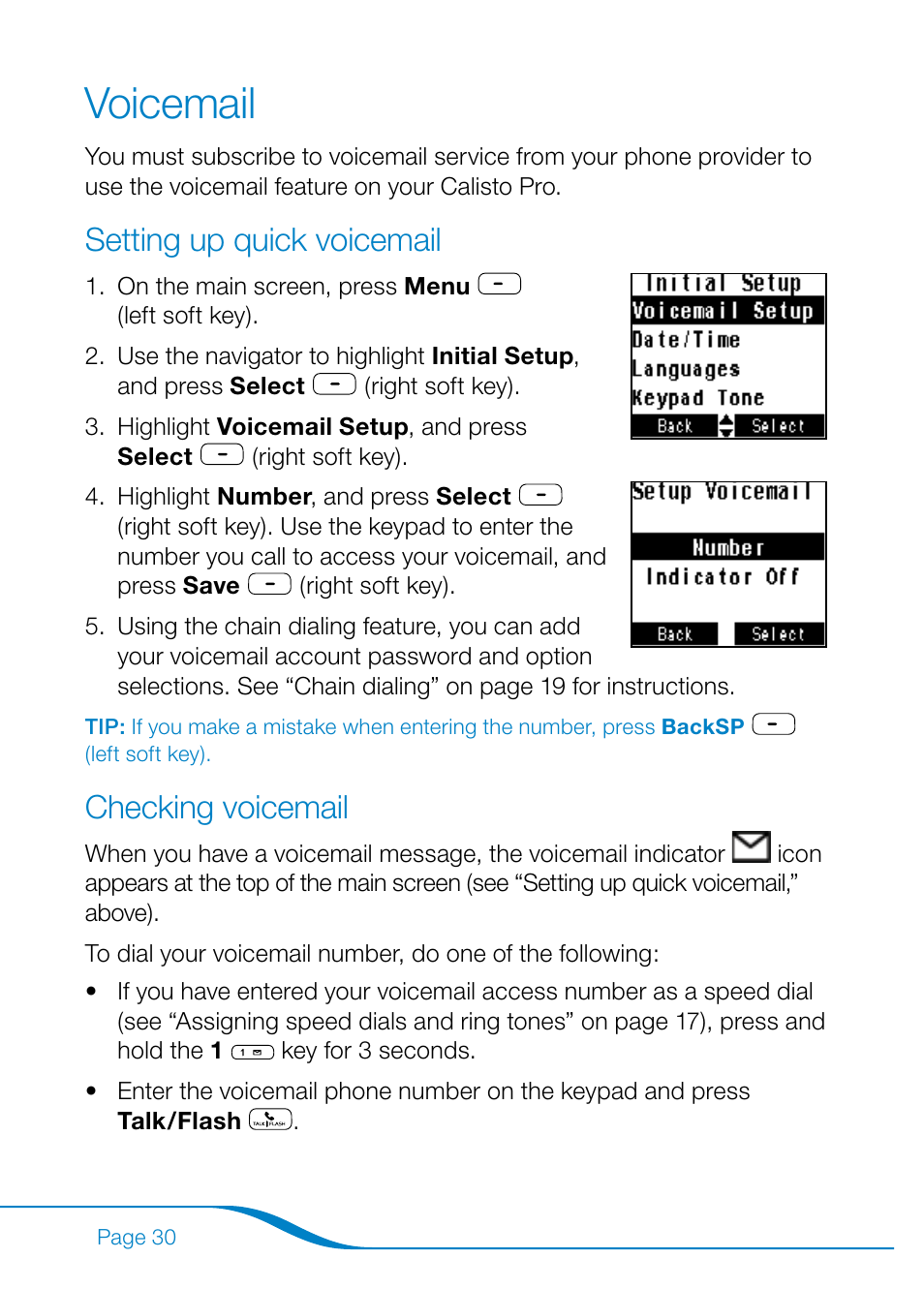 Voicemail, Setting up quick voicemail checking voicemail, Setting up quick voicemail | Checking voicemail | Plantronics Calisto Pro Series User Manual | Page 36 / 60
