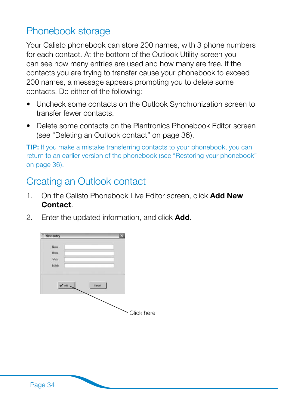 Phonebook storage creating an outlook contact, Phonebook storage, Creating an outlook contact | Plantronics Calisto Pro Series User Manual | Page 40 / 60