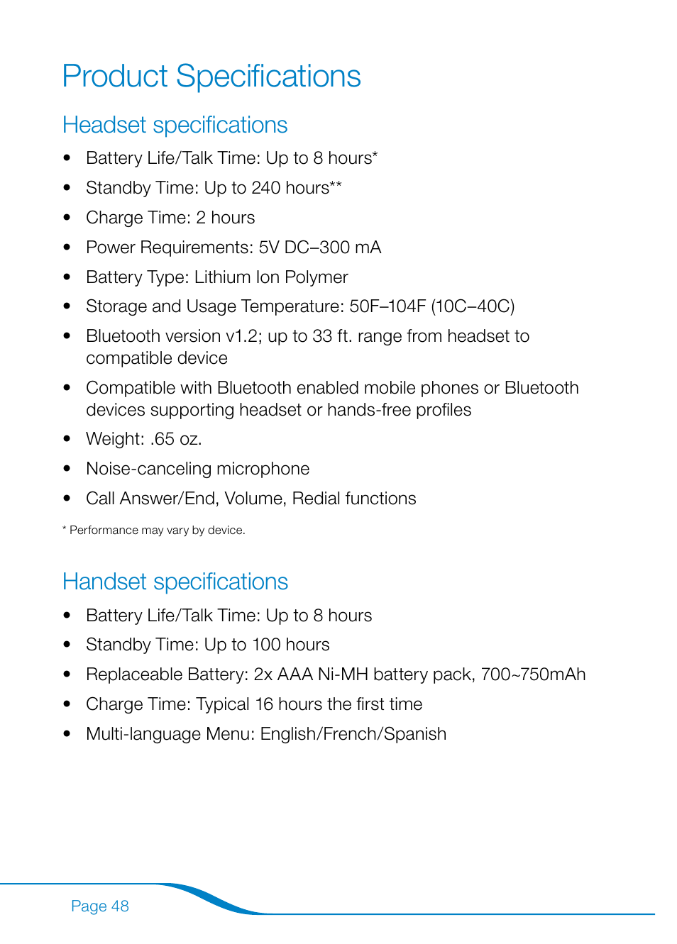 Product specifications, Headset specifications handset specifications, Headset specifications | Handset specifications | Plantronics Calisto Pro Series User Manual | Page 54 / 60
