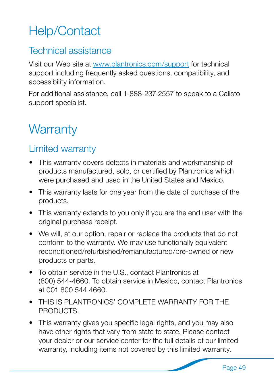 Help/contact, Technical assistance, Warranty | Limited warranty | Plantronics Calisto Pro Series User Manual | Page 55 / 60