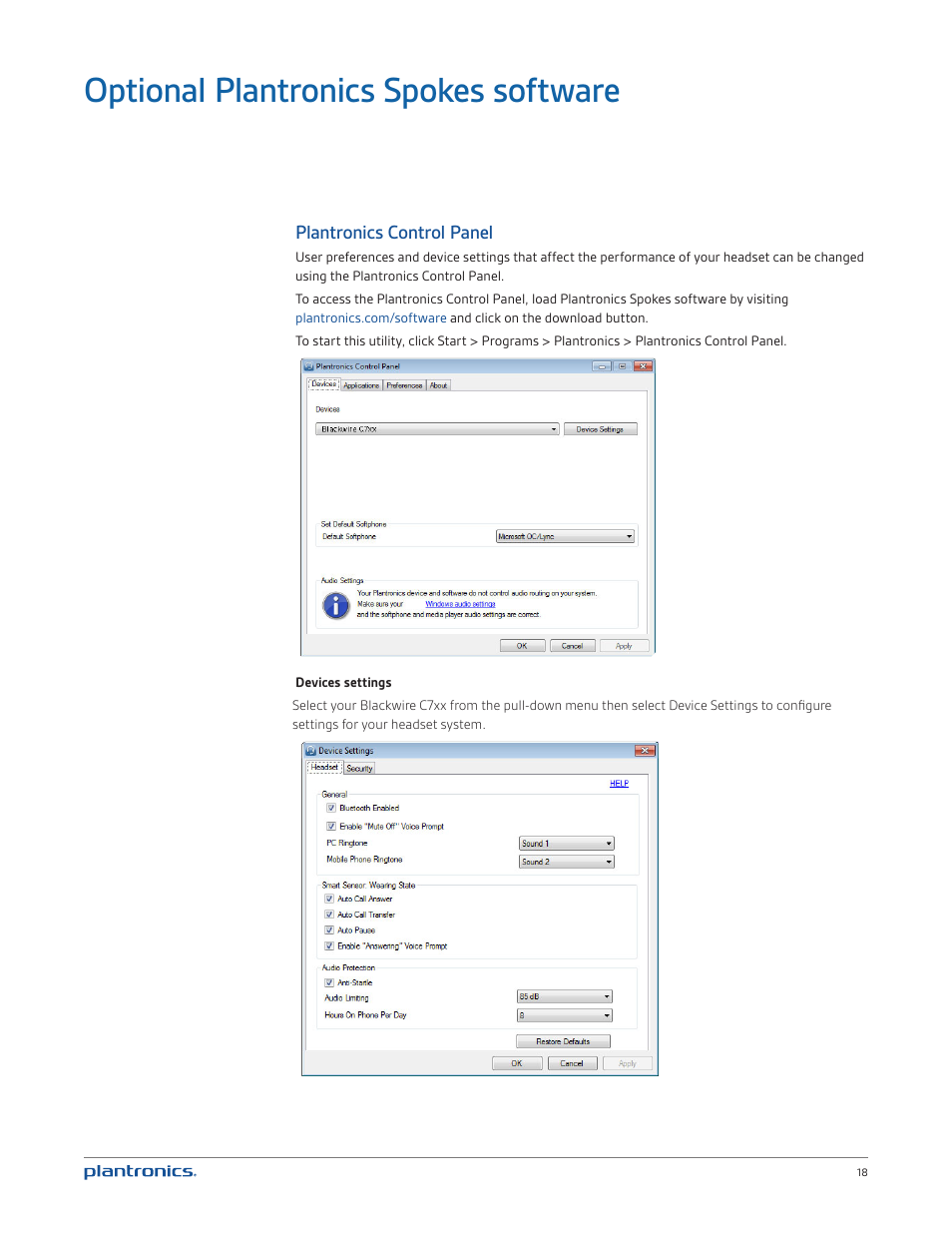Optional plantronics spokes software | Plantronics Blackwire C720M User Manual | Page 18 / 23