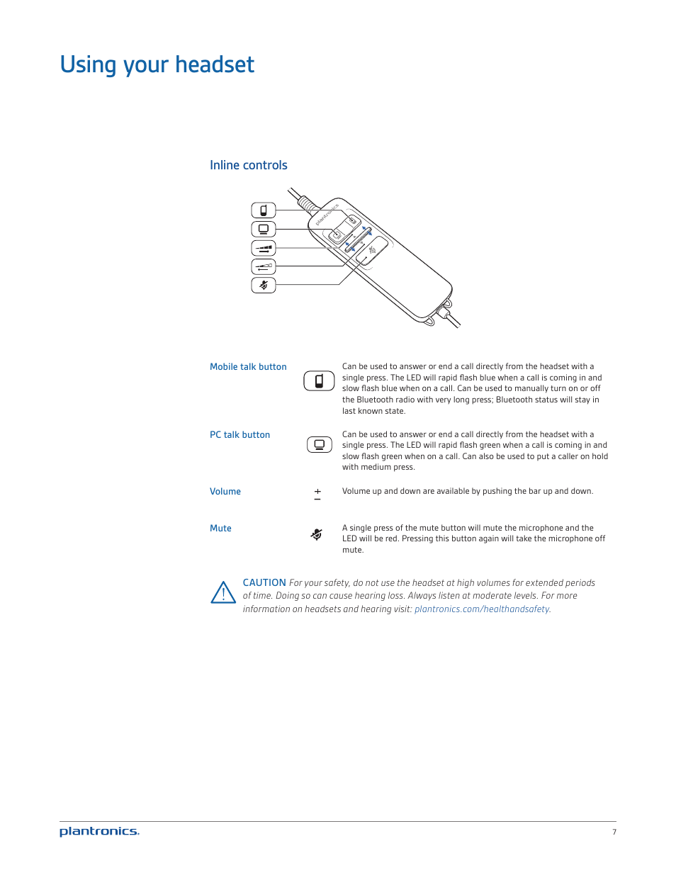Using your headset, Inline controls | Plantronics Blackwire C720M User Manual | Page 7 / 23