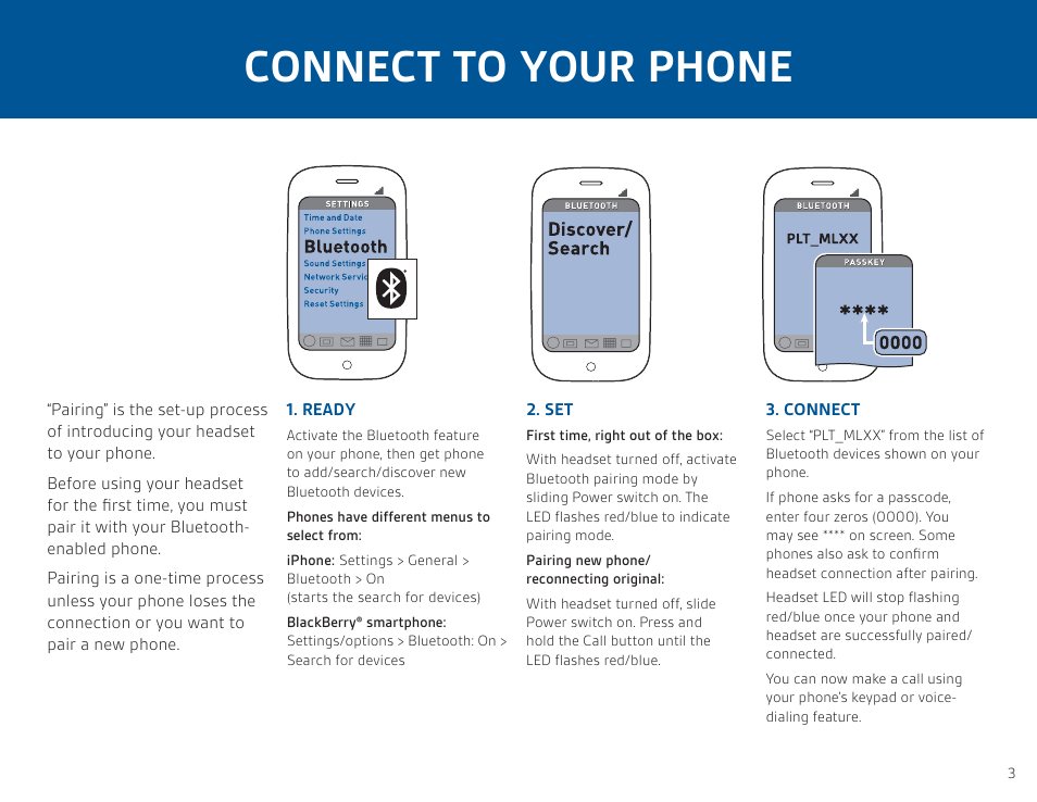 Connect to your phone | Plantronics ML12 User Manual | Page 3 / 8