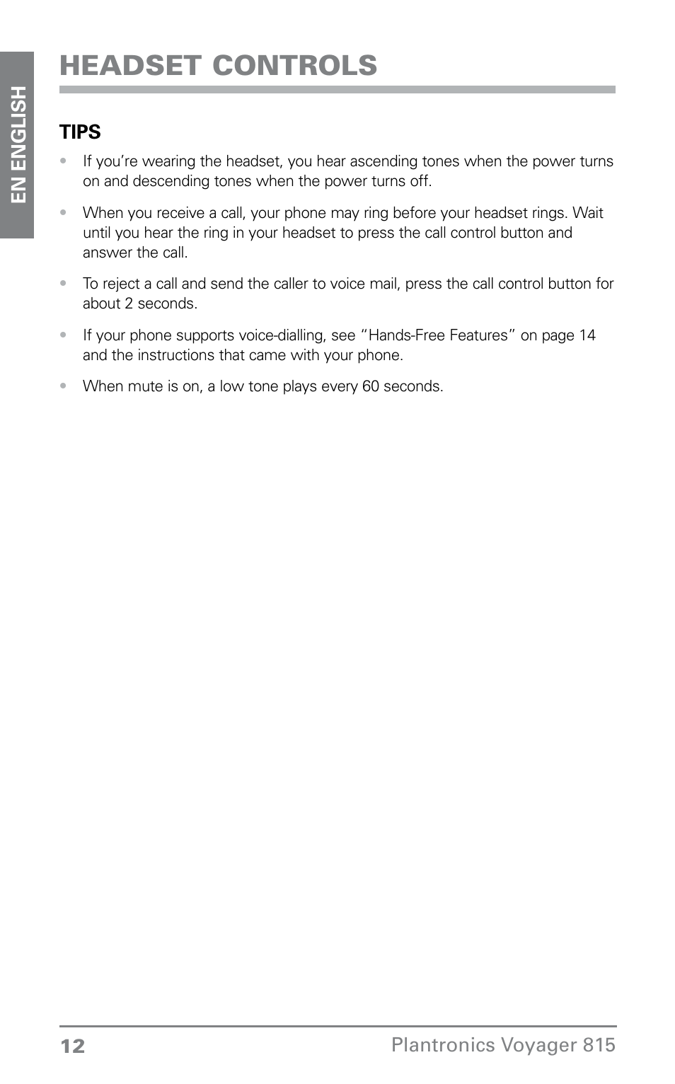 Headset controls | Plantronics Voyager 815 User Manual | Page 12 / 19