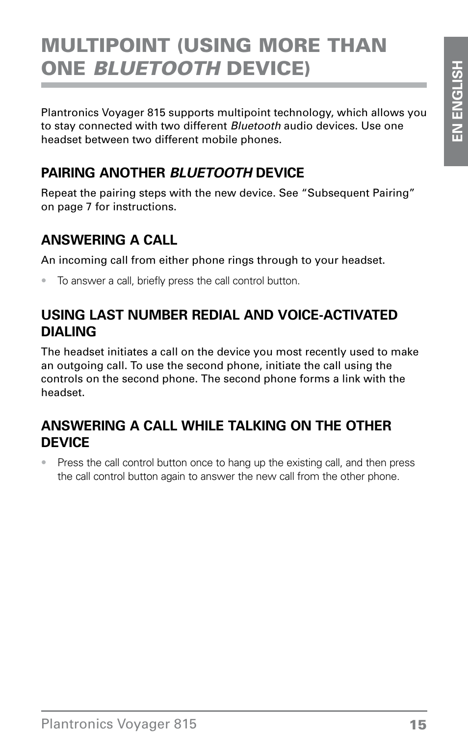 Multipoint (using more than one bluetooth device) | Plantronics Voyager 815 User Manual | Page 15 / 19