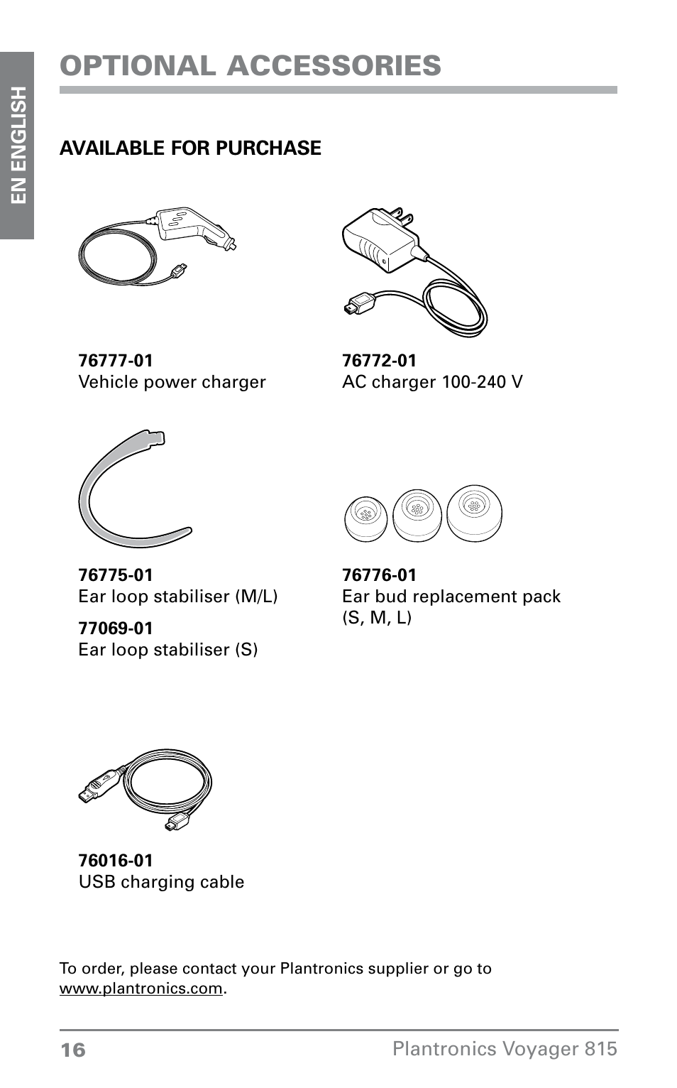 Optional accessories | Plantronics Voyager 815 User Manual | Page 16 / 19