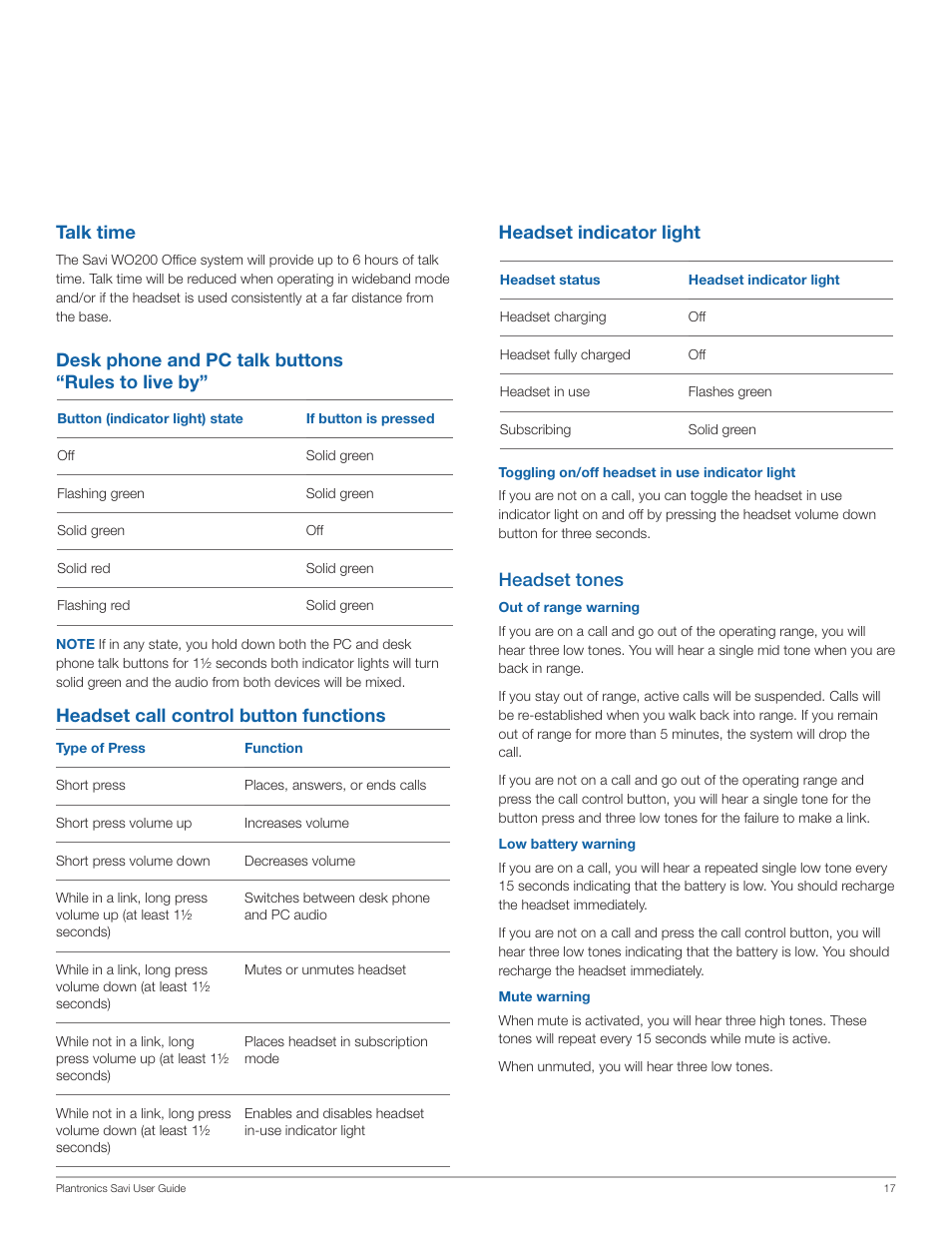 Headset tones, Talk time, Headset call control button functions | Plantronics Savi Office WO200 User Manual | Page 17 / 28