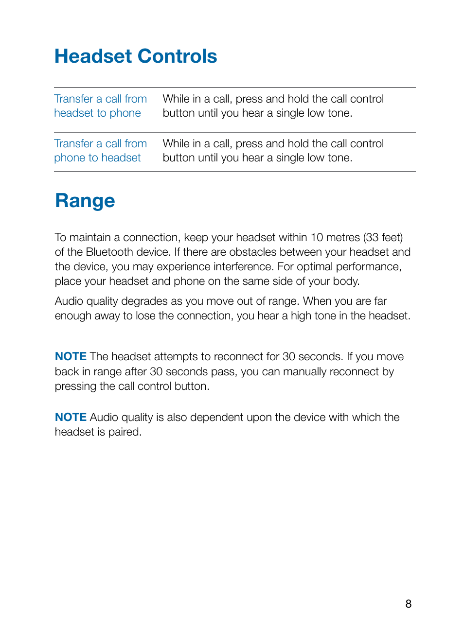 Range, Headset controls | Plantronics Explorer 210 User Manual | Page 12 / 18