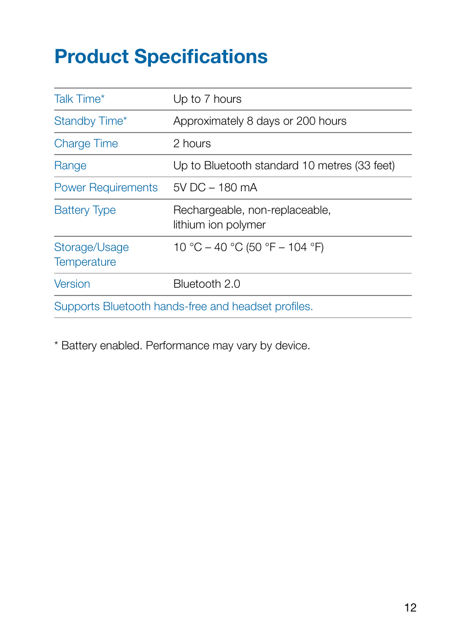 Product specifications | Plantronics Explorer 210 User Manual | Page 16 / 18