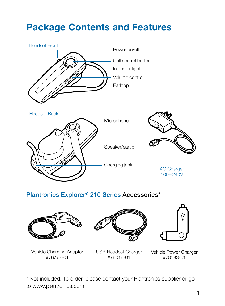 Package contents and features, Plantronics explorer, 210 series accessories | Plantronics Explorer 210 User Manual | Page 5 / 18
