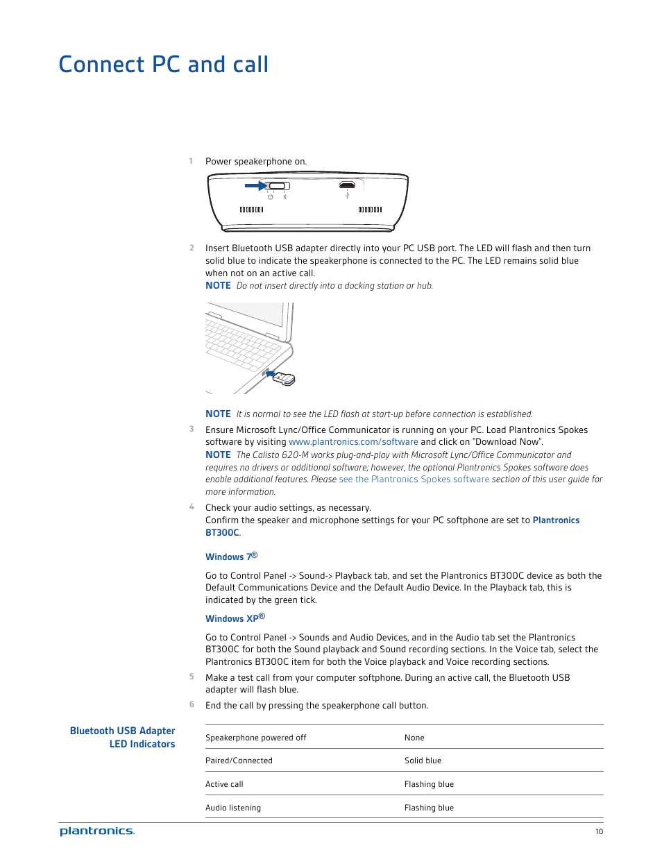 Connect pc and call, Bluetooth usb adapter led indicators | Plantronics Calisto 620-M User Manual | Page 10 / 19