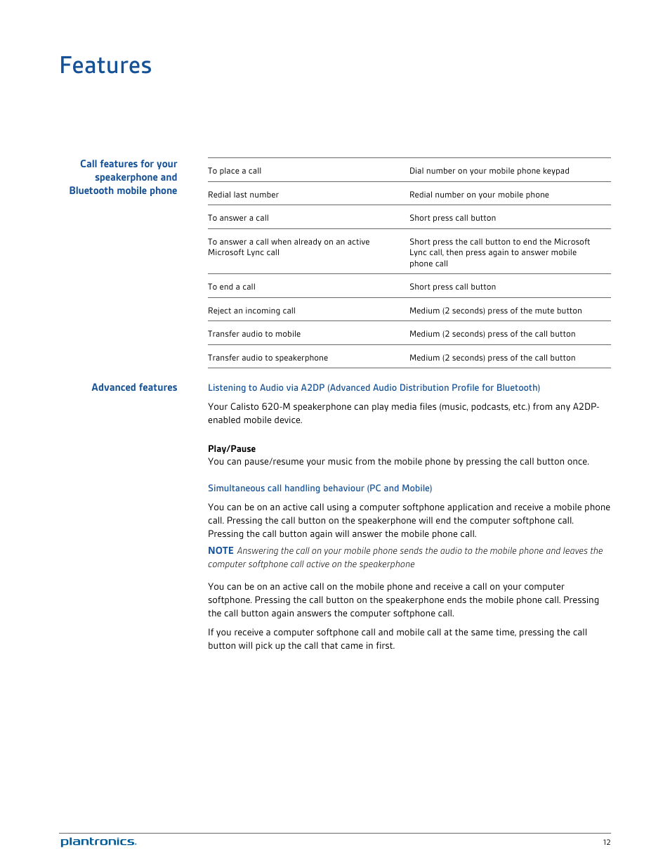 Features, Advanced features | Plantronics Calisto 620-M User Manual | Page 12 / 19