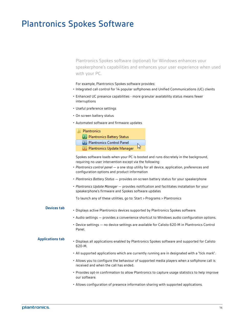 Plantronics spokes software, Devices tab, Applications tab | See the plantronics, Spokes software | Plantronics Calisto 620-M User Manual | Page 14 / 19