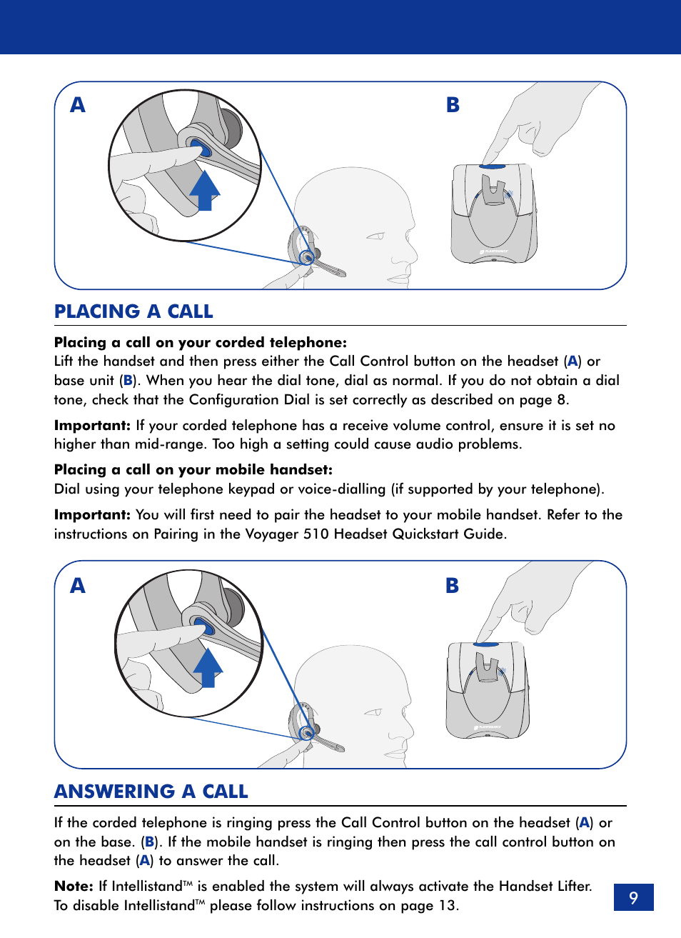 Ab a b, Answering a call, Placing a call | Plantronics Voyager 510 Bluetooth Headset User Manual | Page 10 / 22