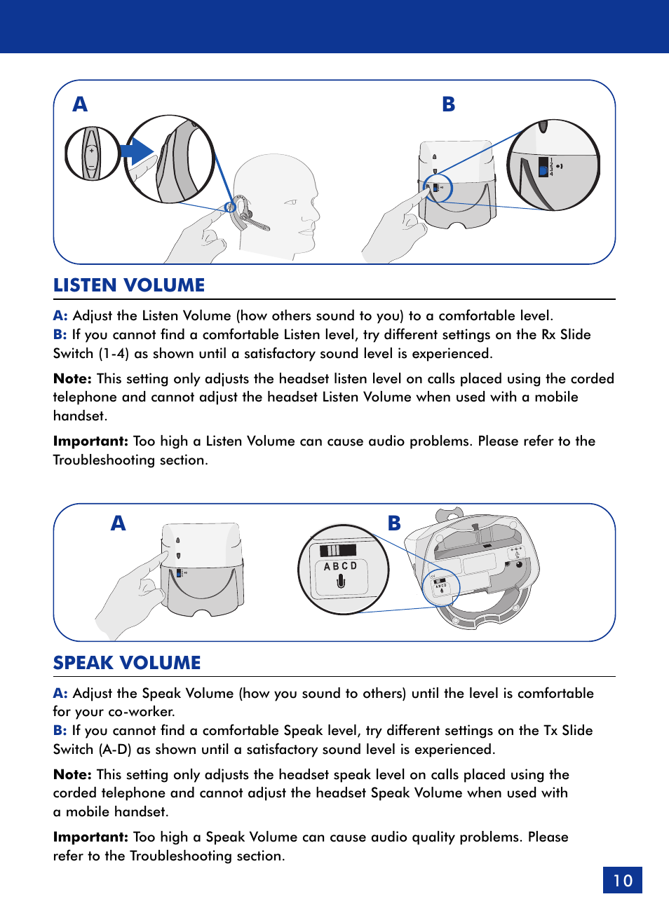 Ab a b, Listen volume, Speak volume | Plantronics Voyager 510 Bluetooth Headset User Manual | Page 11 / 22