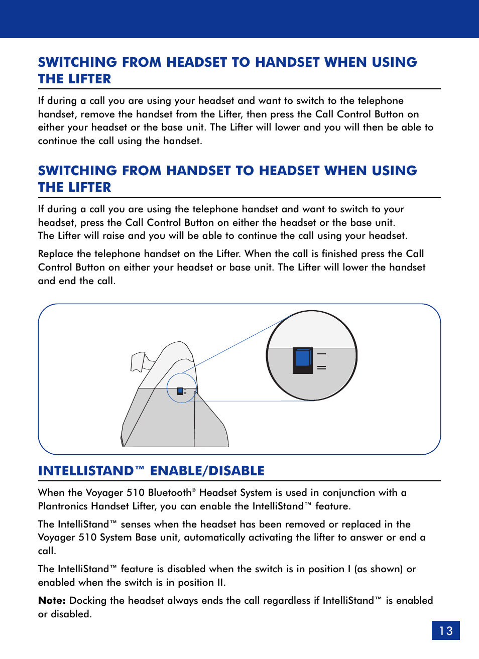 Intellistand™ enable/disable | Plantronics Voyager 510 Bluetooth Headset User Manual | Page 14 / 22