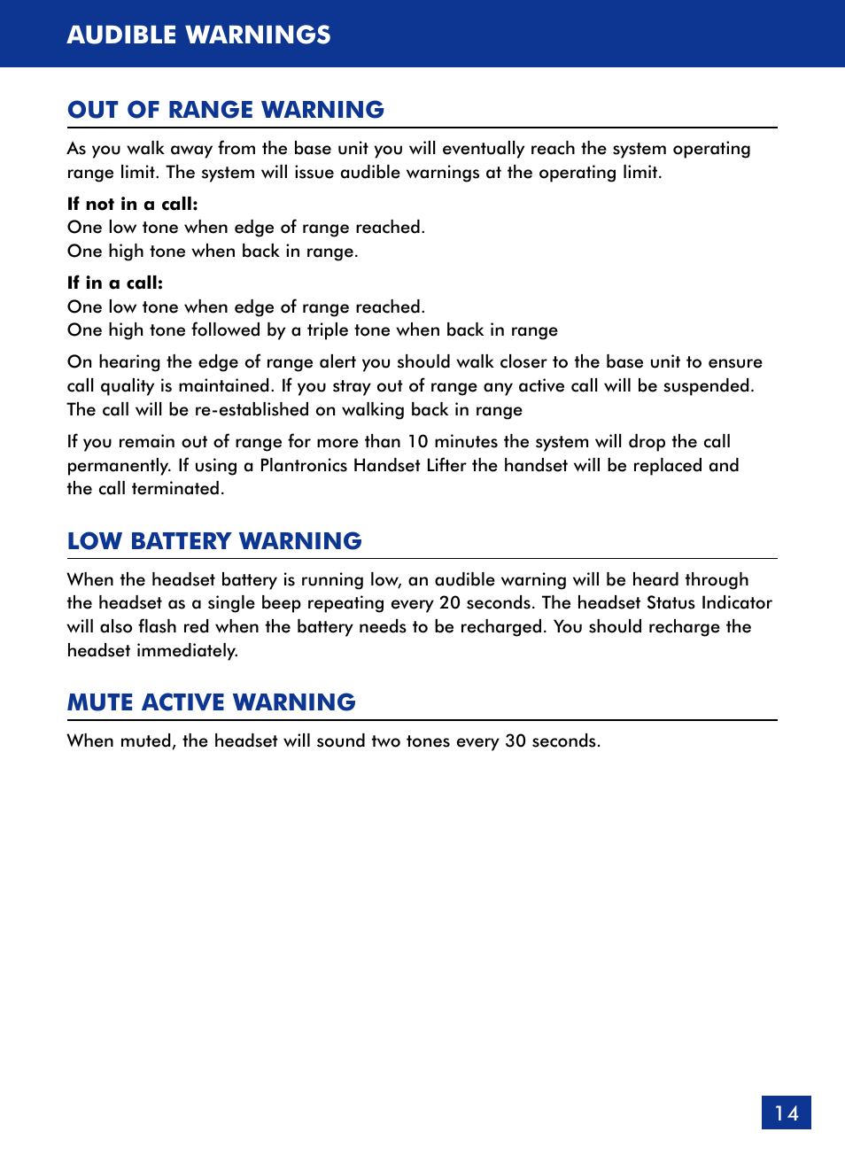 Audible warnings, Out of range warning, Low battery warning | Mute active warning | Plantronics Voyager 510 Bluetooth Headset User Manual | Page 15 / 22