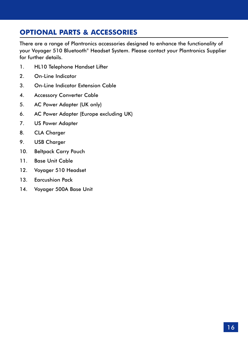 Optional parts & accessories | Plantronics Voyager 510 Bluetooth Headset User Manual | Page 17 / 22