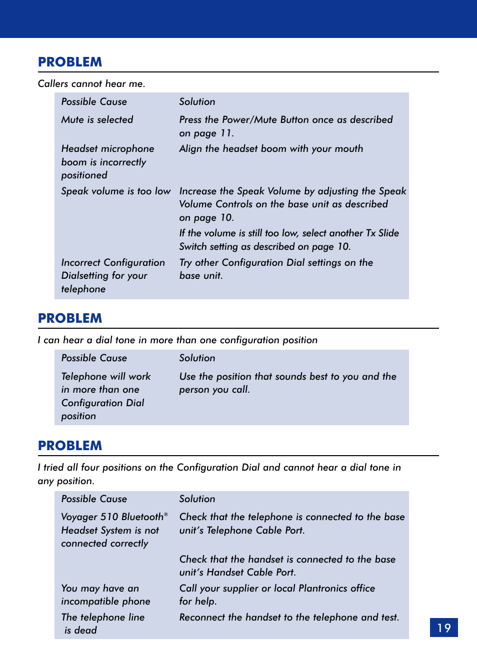 Problem | Plantronics Voyager 510 Bluetooth Headset User Manual | Page 20 / 22
