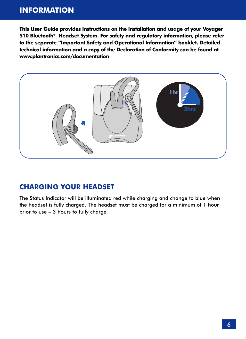 Information, Charging your headset | Plantronics Voyager 510 Bluetooth Headset User Manual | Page 7 / 22