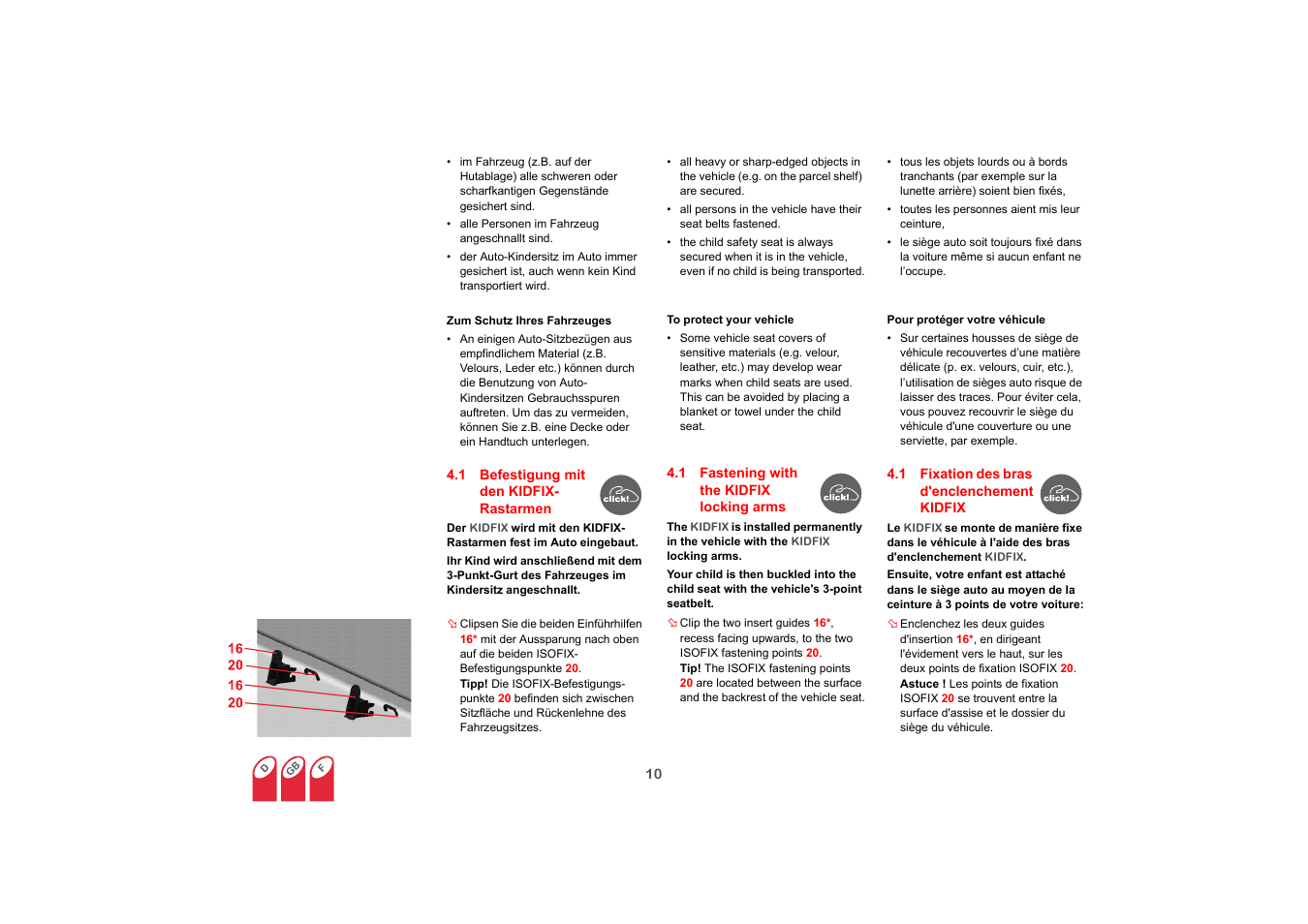 1 befestigung mit den kidfix- rastarmen, 1 fastening with the kidfix locking arms, 1 fixation des bras d'enclenchement kidfix | Britax KIDFIX User Manual | Page 11 / 83