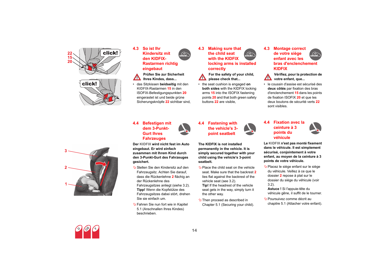 4 fastening with the vehicle's 3- point seatbelt, 4 fixation avec la ceinture à 3 points du véhicule | Britax KIDFIX User Manual | Page 15 / 83