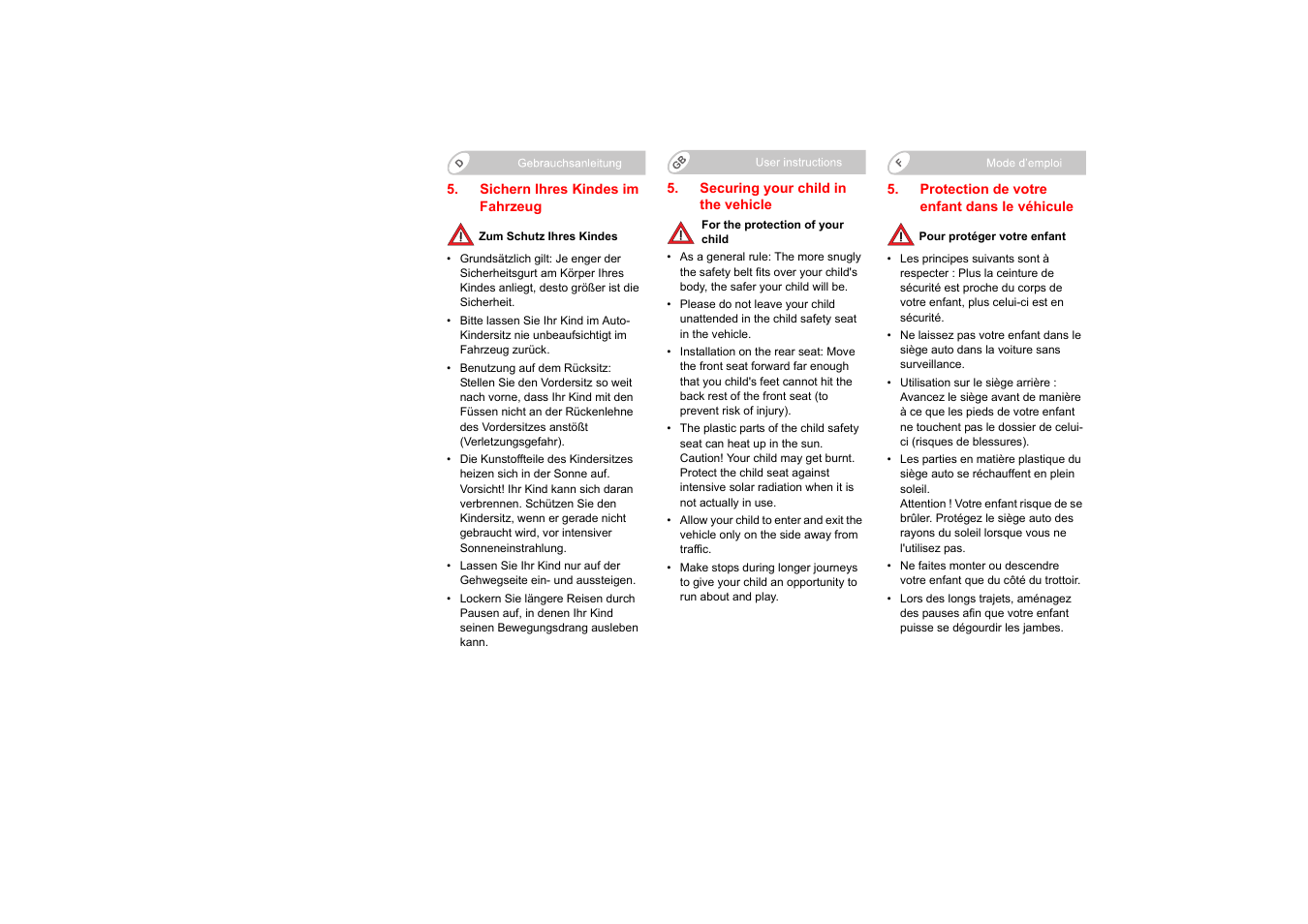 Sichern ihres kindes im fahrzeug, Securing your child in the vehicle, Protection de votre enfant dans le véhicule | Britax KIDFIX User Manual | Page 16 / 83