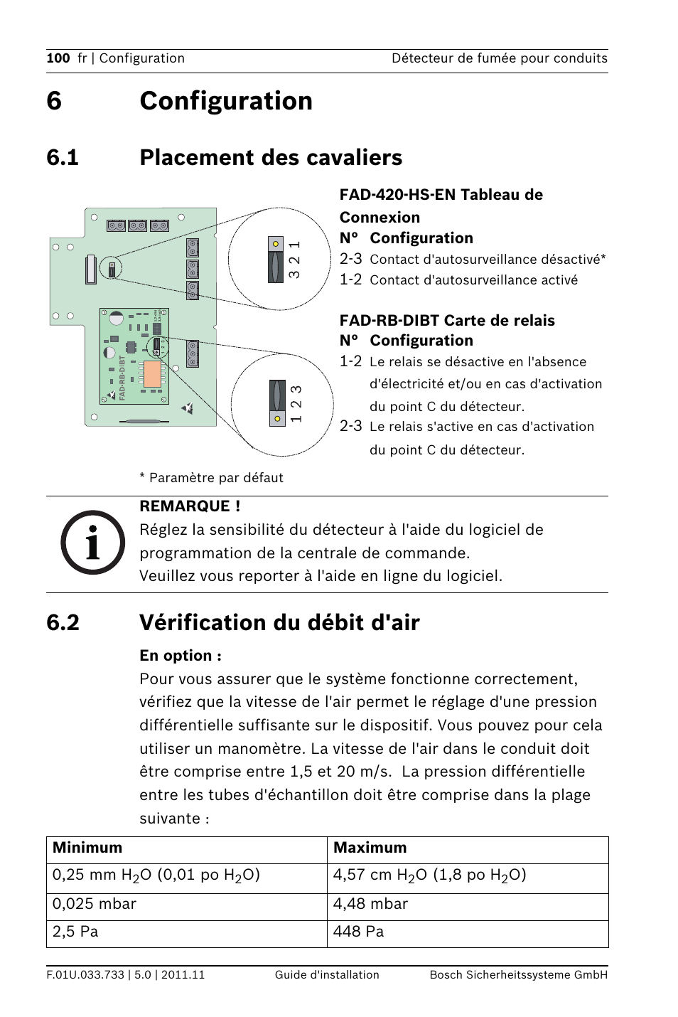 6 configuration, 1 placement des cavaliers, 2 vérification du débit d'air | S cavaliers, Érification du débit d'air, 6configuration | Bosch FAD-420-HS-EN Duct Smoke Detector User Manual | Page 100 / 224