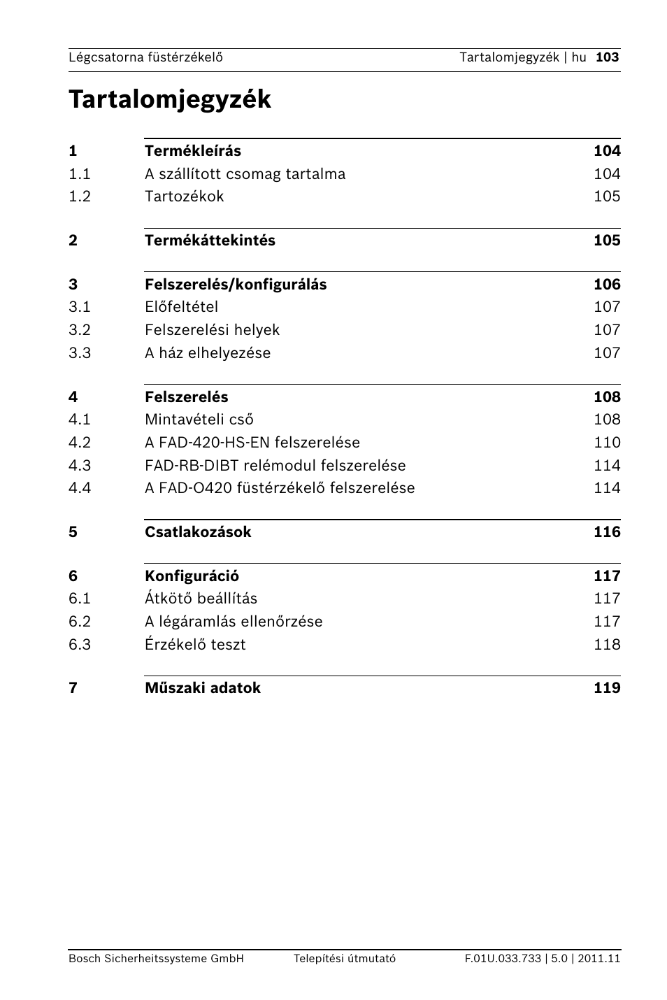 Tartalomjegyzék | Bosch FAD-420-HS-EN Duct Smoke Detector User Manual | Page 103 / 224