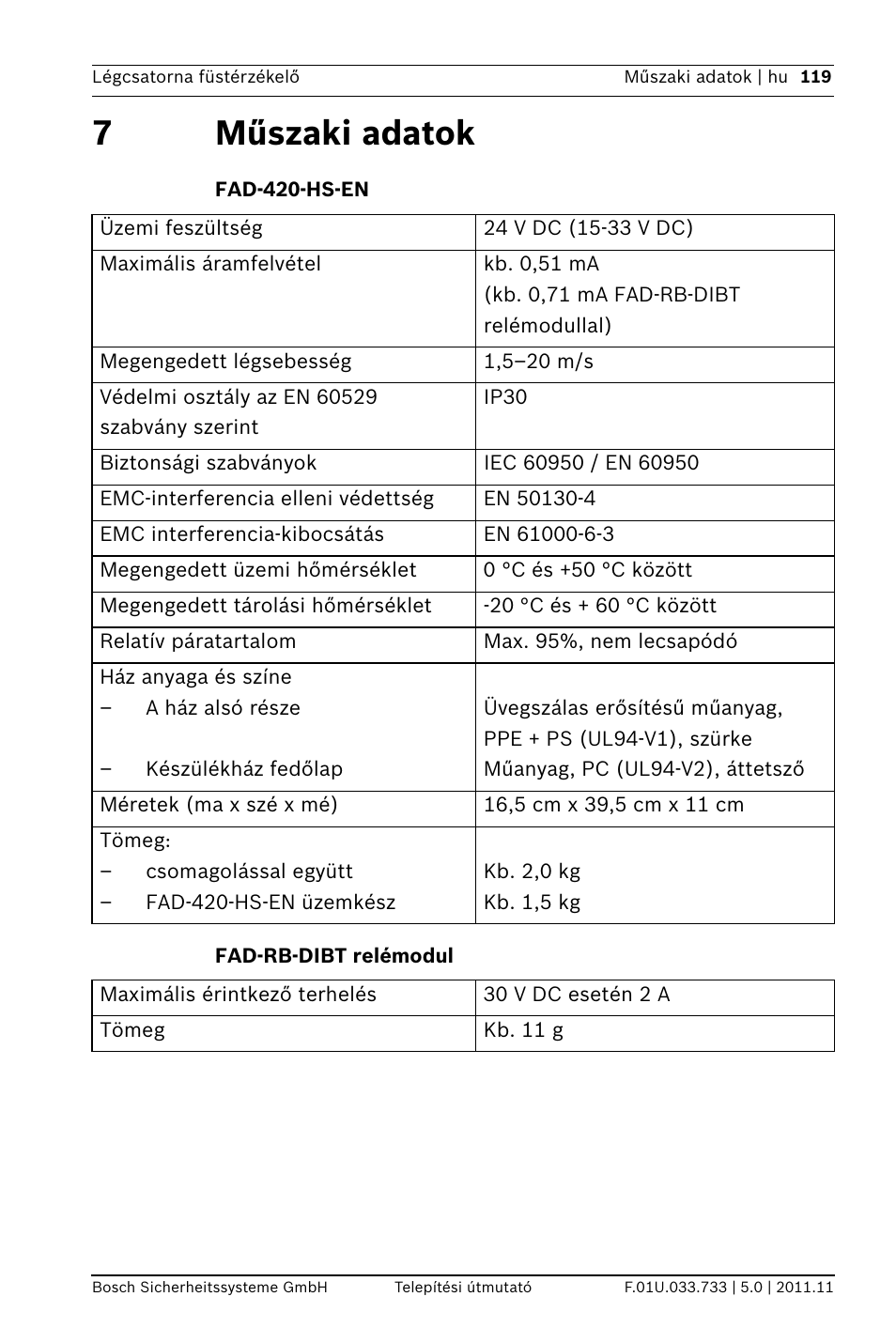7 műszaki adatok, Fad-420-hs-en, Fad-rb-dibt relémodul | 7műszaki adatok | Bosch FAD-420-HS-EN Duct Smoke Detector User Manual | Page 119 / 224