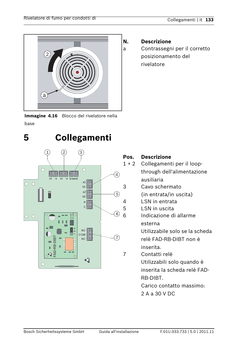 5 collegamenti, Ollegamenti, 5collegamenti | Bosch FAD-420-HS-EN Duct Smoke Detector User Manual | Page 133 / 224