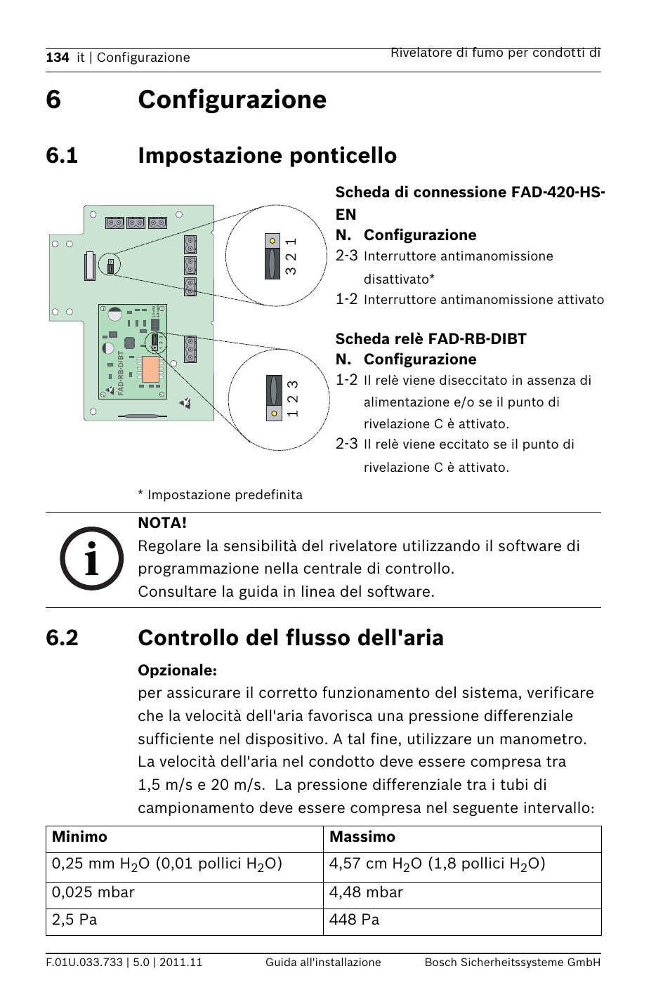 6 configurazione, 1 impostazione ponticello, 2 controllo del flusso dell'aria | Ponticello, 6configurazione | Bosch FAD-420-HS-EN Duct Smoke Detector User Manual | Page 134 / 224