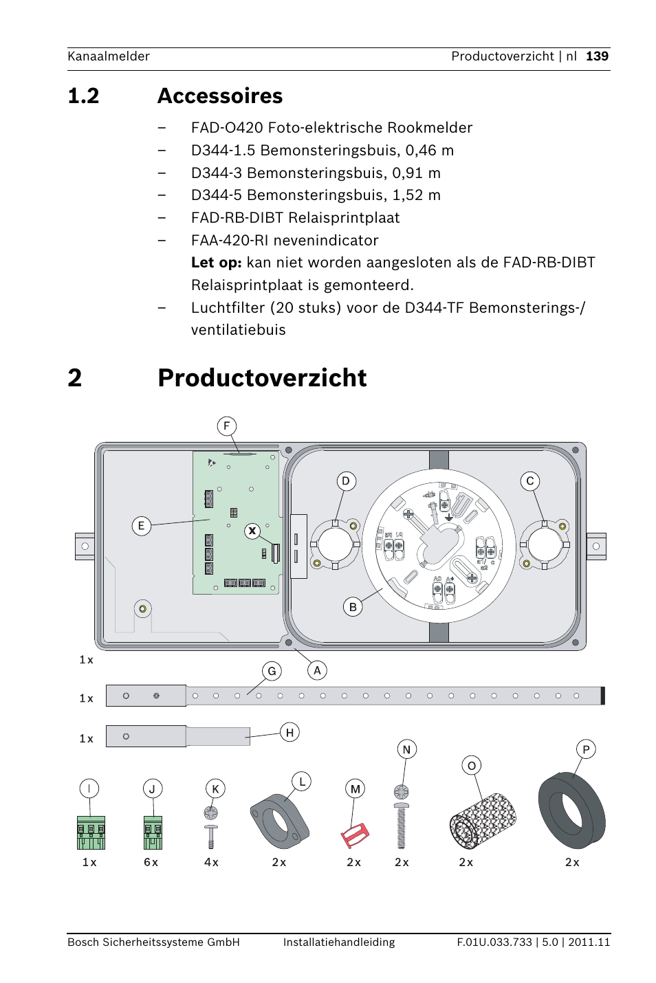 2 accessoires, 2 productoverzicht, Ssoires | 2productoverzicht | Bosch FAD-420-HS-EN Duct Smoke Detector User Manual | Page 139 / 224
