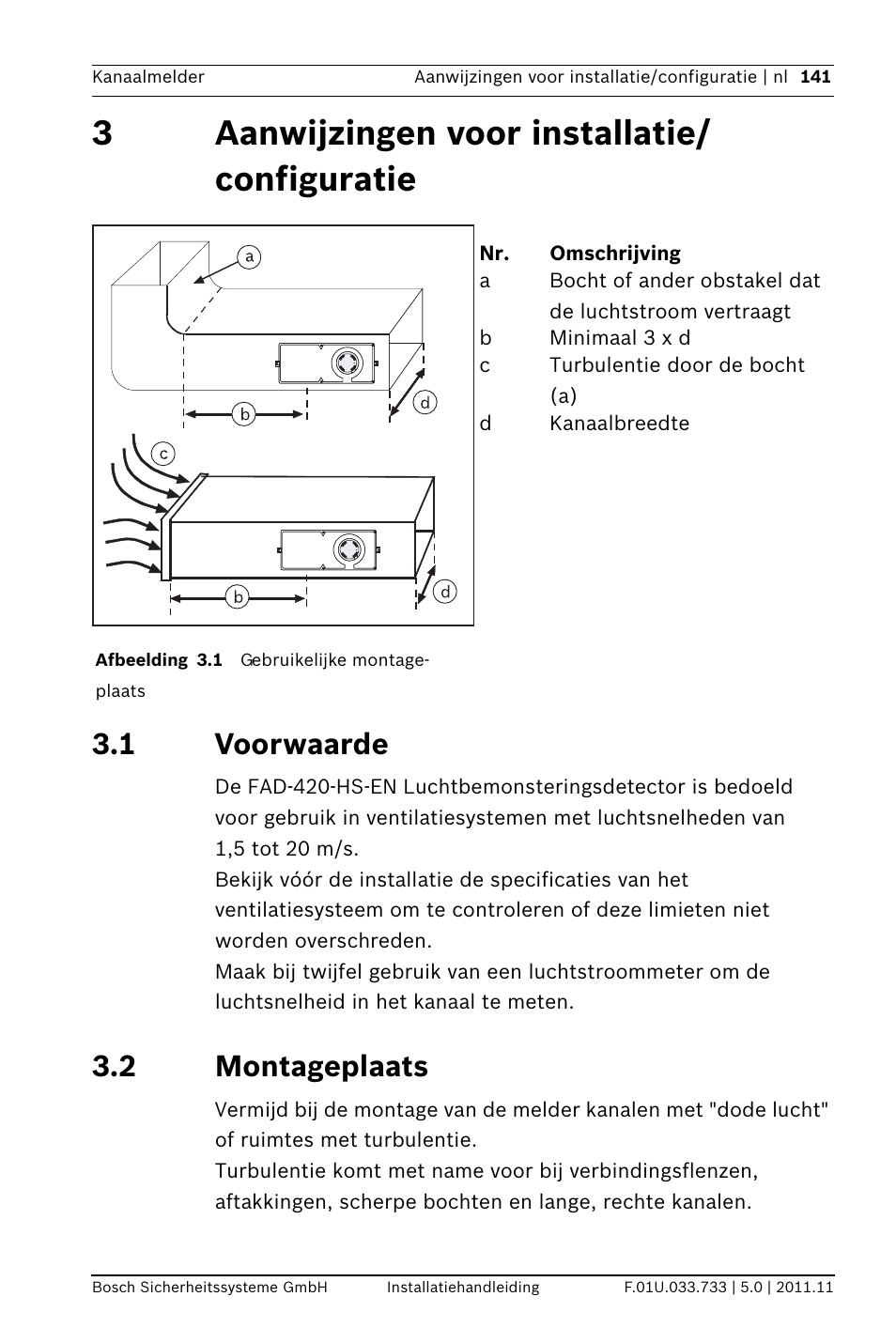 3 aanwijzingen voor installatie/ configuratie, 1 voorwaarde, 2 montageplaats | Ontageplaats, 3aanwijzingen voor installatie/ configuratie | Bosch FAD-420-HS-EN Duct Smoke Detector User Manual | Page 141 / 224