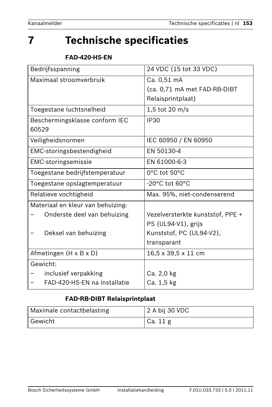 7 technische specificaties, Fad-420-hs-en, Fad-rb-dibt relaisprintplaat | Echnische specificaties, 7technische specificaties | Bosch FAD-420-HS-EN Duct Smoke Detector User Manual | Page 153 / 224