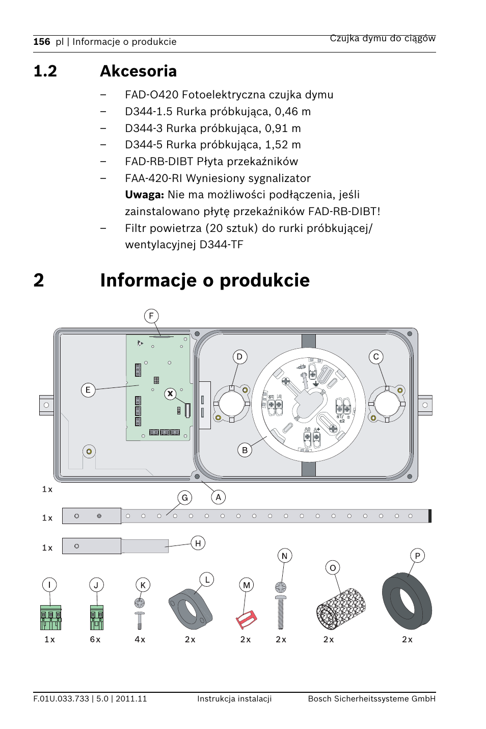 2 akcesoria, 2 informacje o produkcie, Kcesoria | Odukcie, 2informacje o produkcie | Bosch FAD-420-HS-EN Duct Smoke Detector User Manual | Page 156 / 224