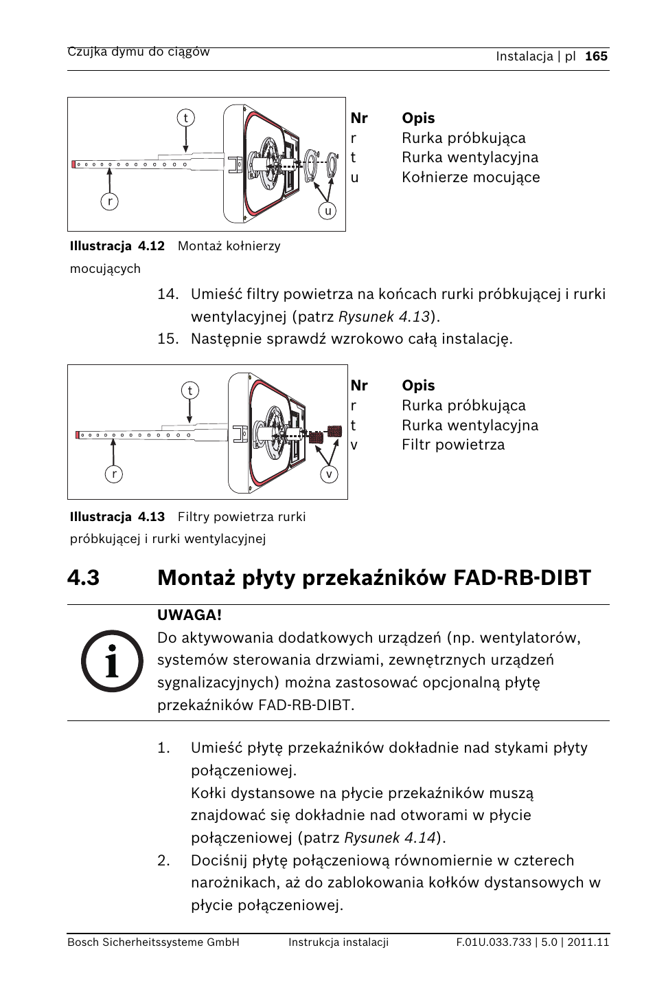 3 montaż płyty przekaźników fad-rb-dibt | Bosch FAD-420-HS-EN Duct Smoke Detector User Manual | Page 165 / 224