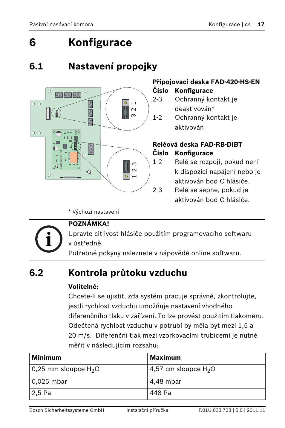 6 konfigurace, 1 nastavení propojky, 2 kontrola průtoku vzduchu | 6konfigurace | Bosch FAD-420-HS-EN Duct Smoke Detector User Manual | Page 17 / 224