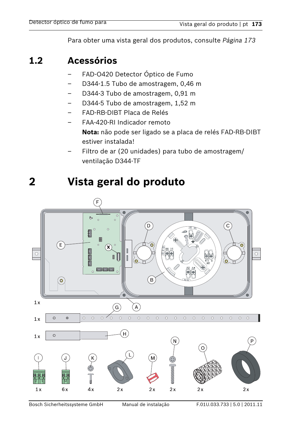 2 acessórios, 2 vista geral do produto, Ssórios | Ista geral do produto, 2vista geral do produto | Bosch FAD-420-HS-EN Duct Smoke Detector User Manual | Page 173 / 224