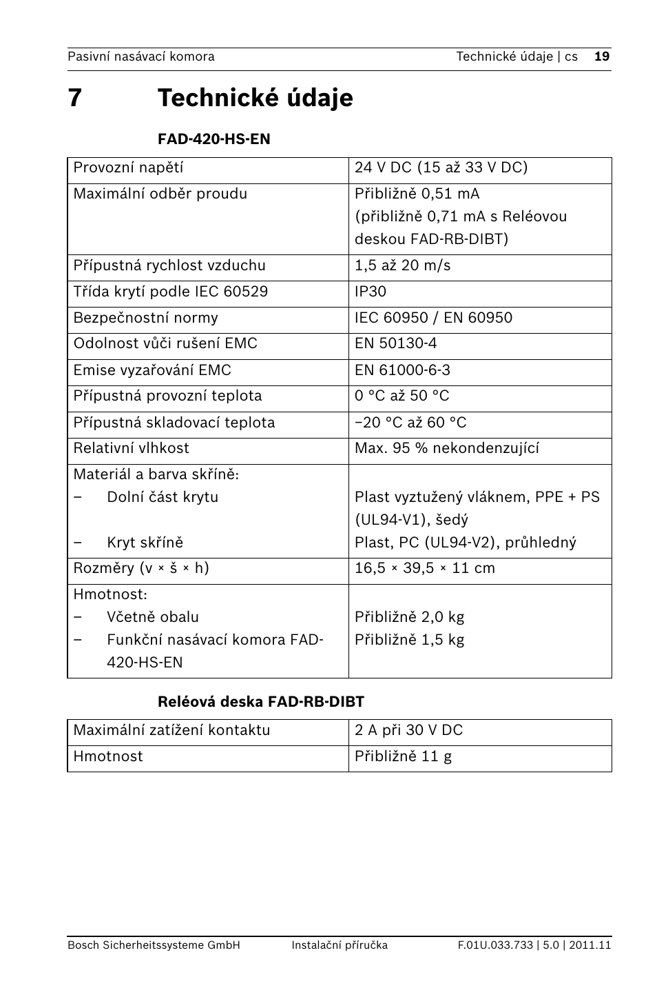7 technické údaje, Fad-420-hs-en, Reléová deska fad-rb-dibt | 7technické údaje | Bosch FAD-420-HS-EN Duct Smoke Detector User Manual | Page 19 / 224