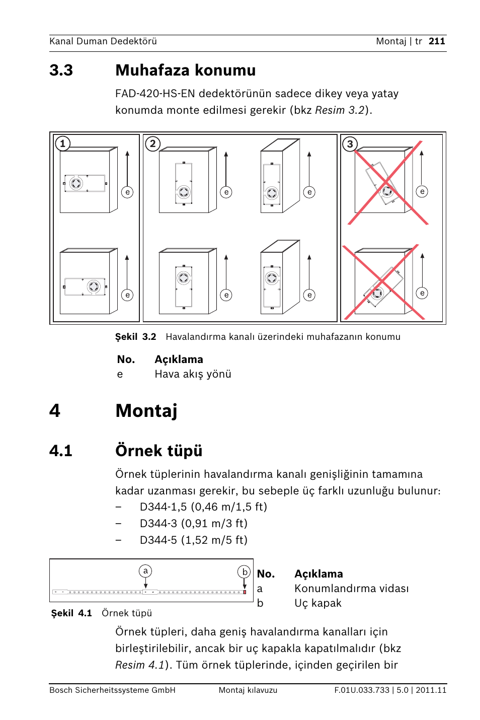3 muhafaza konumu, 4 montaj, 1 örnek tüpü | Uhafaza konumu, 4montaj | Bosch FAD-420-HS-EN Duct Smoke Detector User Manual | Page 211 / 224
